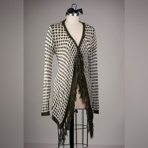 Boho Open Knit Fringe Cardigan | Olive Green Cream | One Size